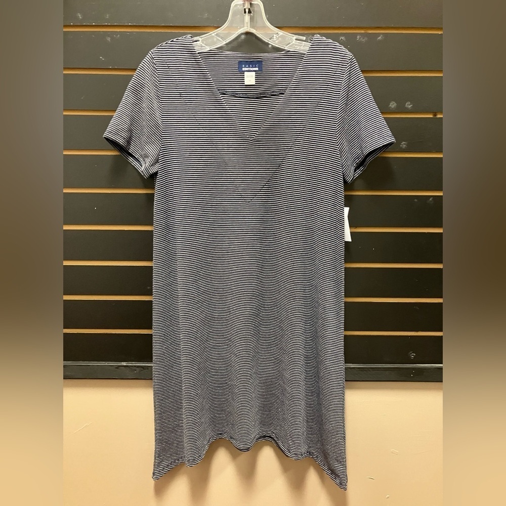 NWT Basic Editions Blue White Striped Short Sleeve Midi Dress Size S